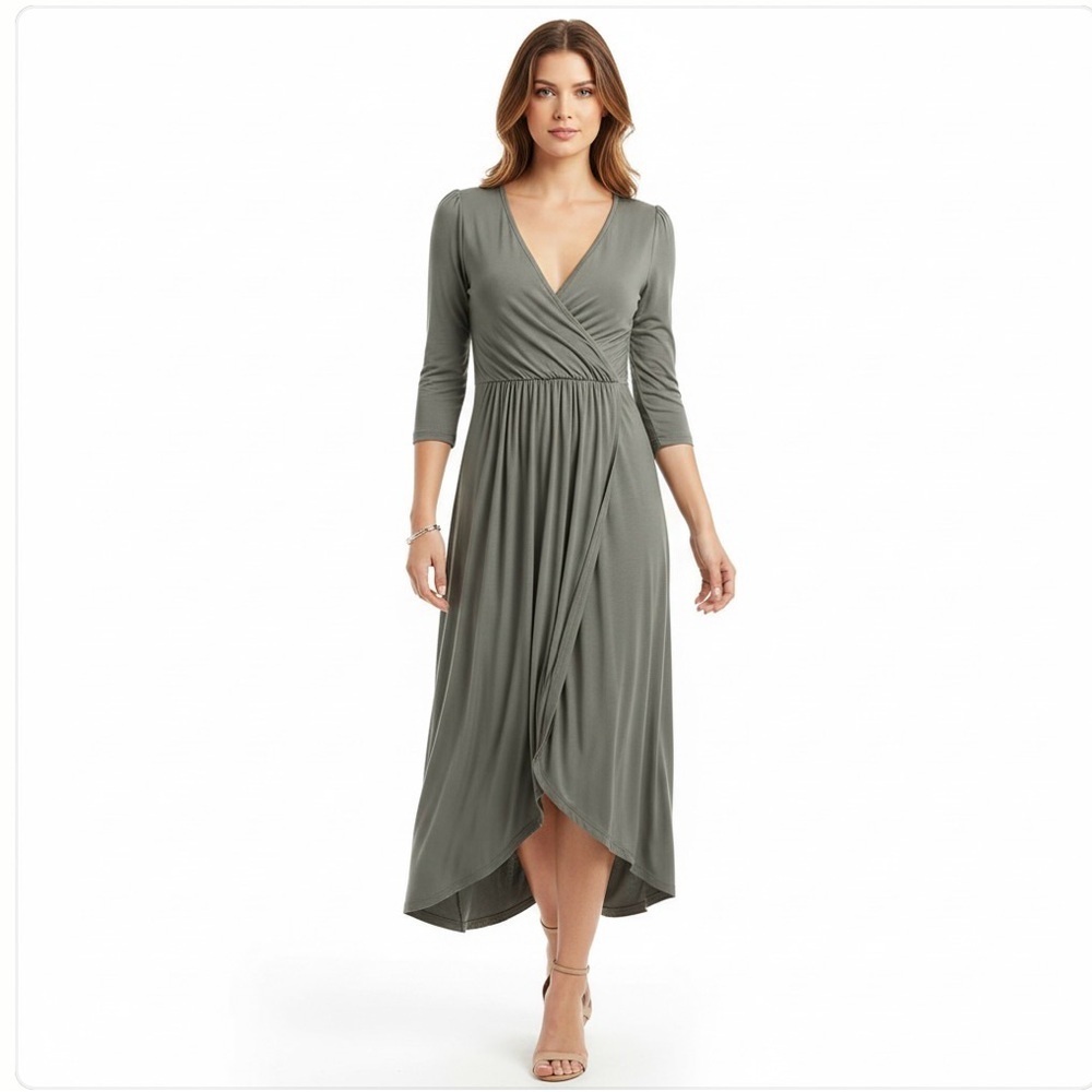 Amelia Gray Wrap Midi Dress Long Sleeve Asymmetrical Hem Elegant Flowy Fit!
